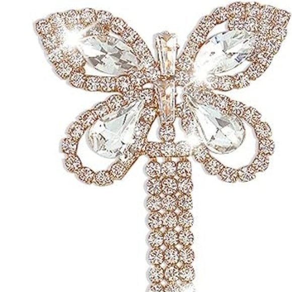 Butterfly Chandelier Pave Rhinestone CZ Crystal Gold Earrings Butterflies New - Picture 3 of 5